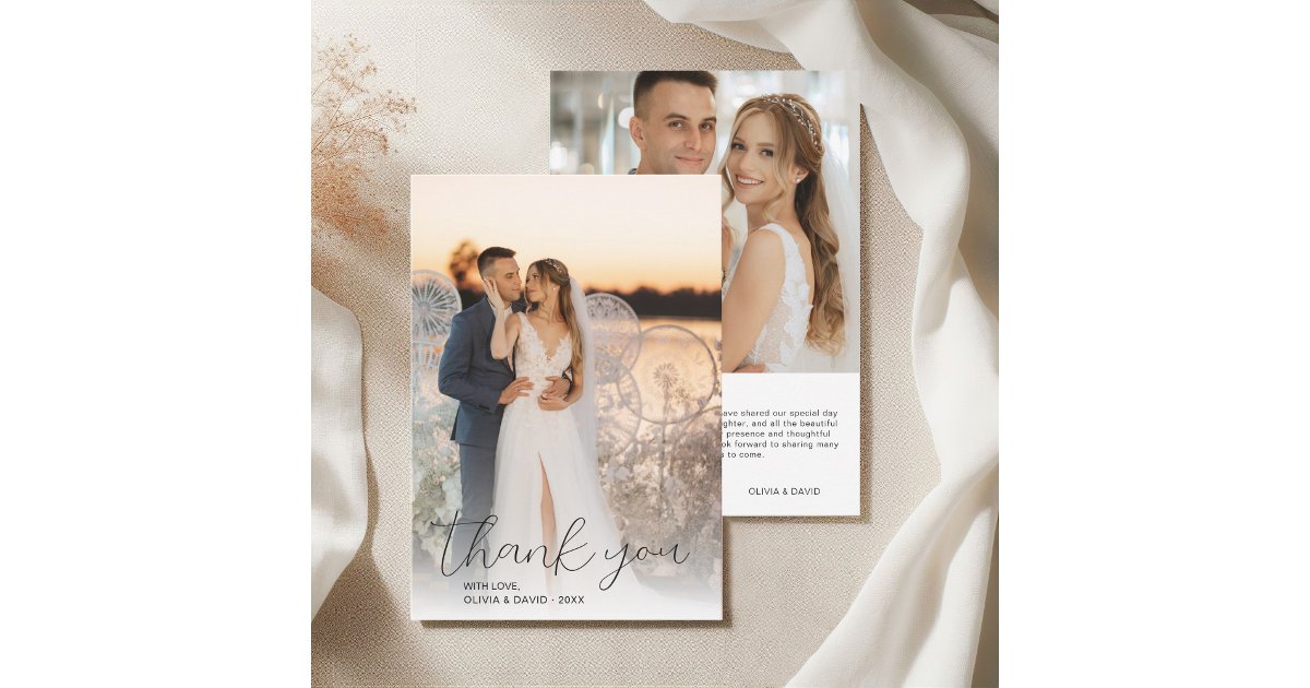 Modern Minimalist Script Wedding 2 Photos Thank You Card | Zazzle
