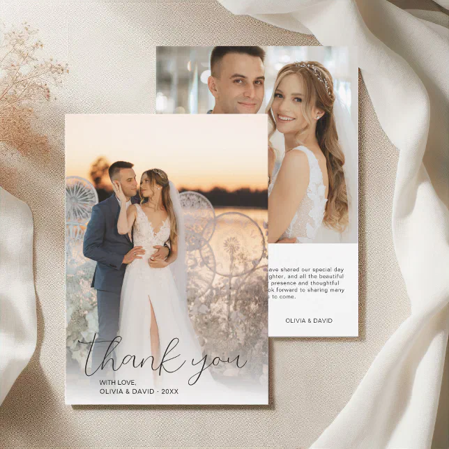 Modern Minimalist Script Wedding 2 Photos Thank You Card | Zazzle