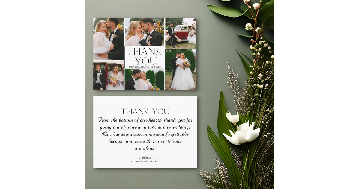 modern minimalist script wedding 6 photos collage thank you card | Zazzle