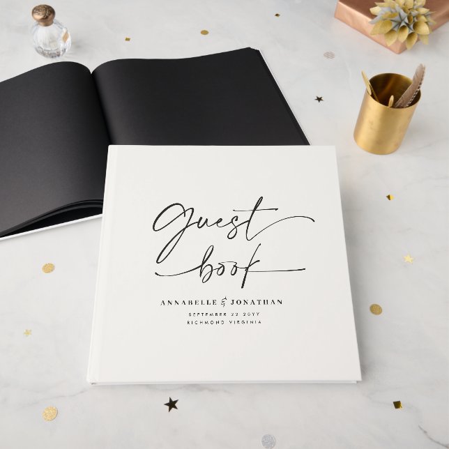 Modern Minimalist Script Wedding Guest Book chic (Front Open)