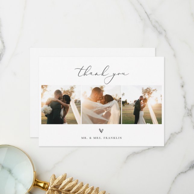 Modern Minimalist Script Wedding Photo Thank You Card (Front/Back In Situ)
