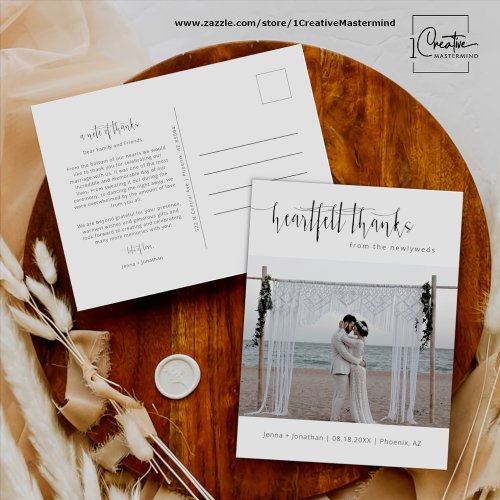 Modern Minimalist Script Wedding Photo Thank You Postcard