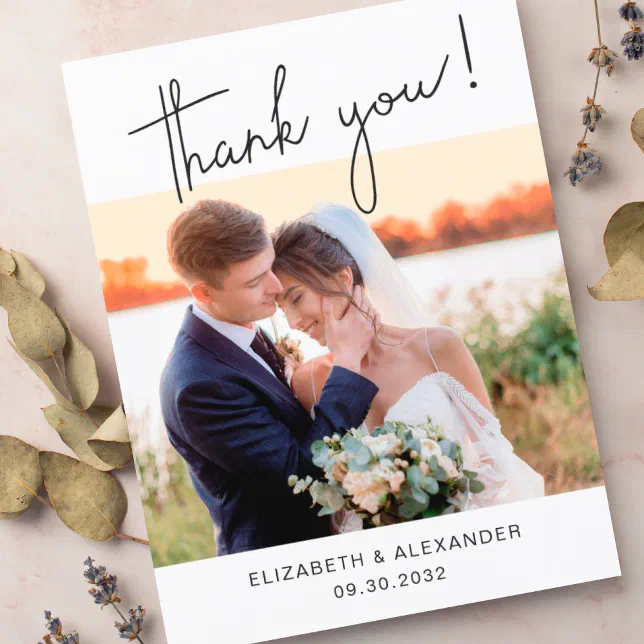 Modern minimalist script Wedding Photo thank you Postcard | Zazzle