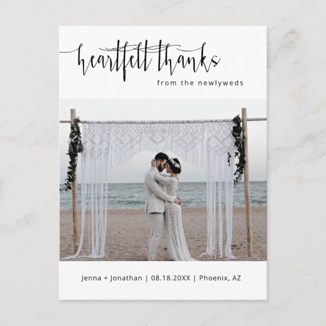 Modern Minimalist Script Wedding Photo Thank You Postcard (Front)