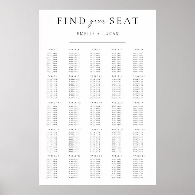 Modern Minimalist Script Wedding Seating Chart (Front)