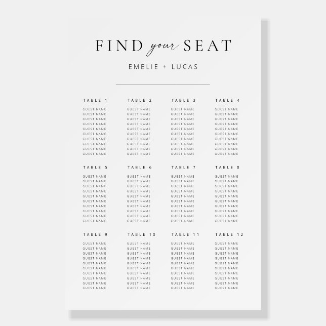 Modern Minimalist Script Wedding Seating Chart Foam Board (Front)