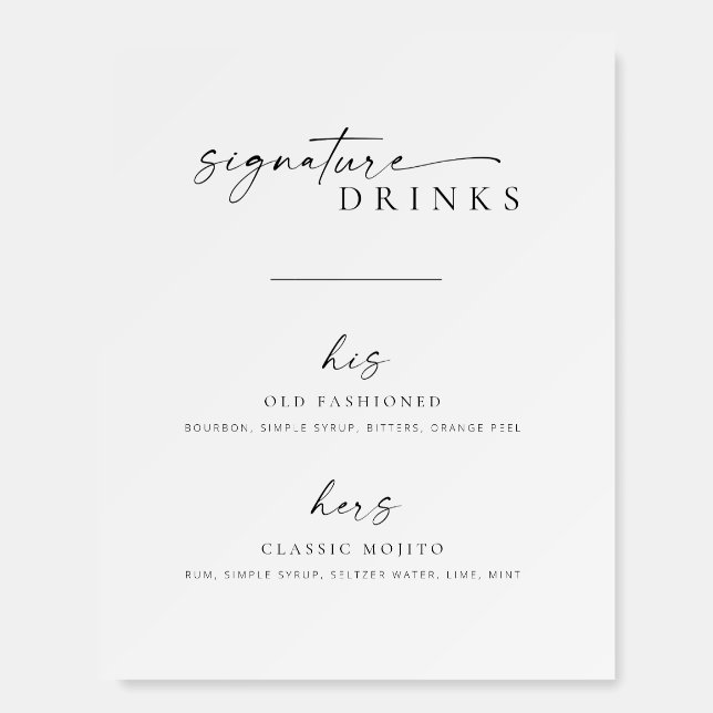 Modern Minimalist Script Wedding Signature Drinks Foam Board (Front)