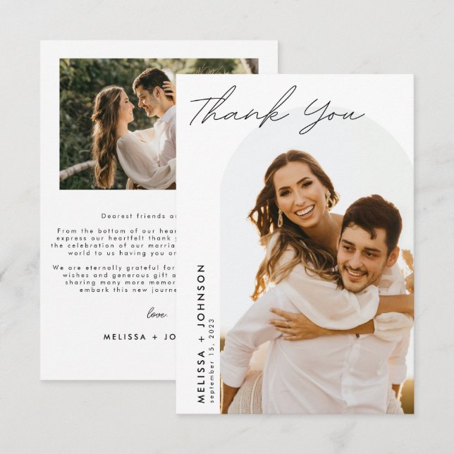 Modern Minimalist Script Wedding Two Photo Thank You Card (Front/Back)
