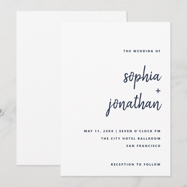 Modern Minimalist Script | White and Navy Wedding Invitation (Front/Back)