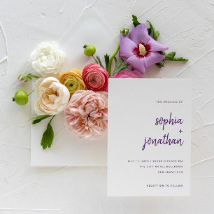Modern Minimalist Script White and Purple Wedding Invitation