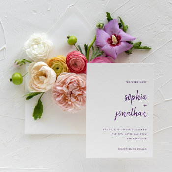 Modern Minimalist Script White And Purple Wedding Invitation by Customize_My_Wedding at Zazzle