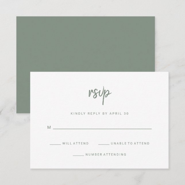 Modern Minimalist Script | White and Sage Wedding RSVP Card (Front/Back)