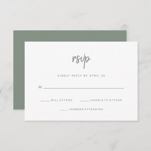 Modern Minimalist Script  White and Sage Wedding RSVP Card
