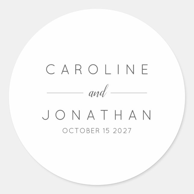 Modern Minimalist Script White Custom Wedding Classic Round Sticker (Front)