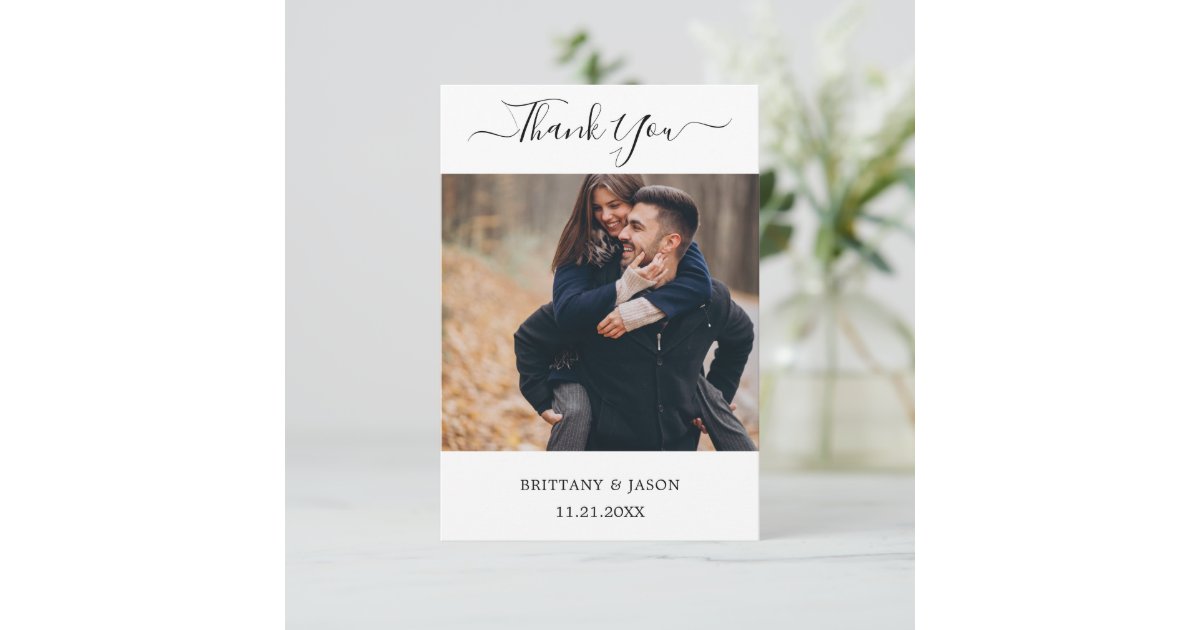 Modern Minimalist Script with Heart Wedding Photo Thank You Card | Zazzle