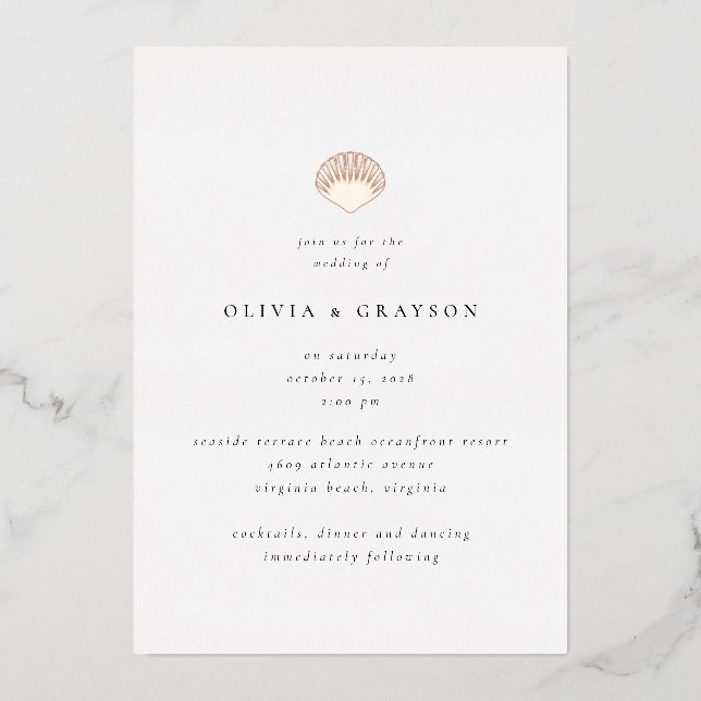 Modern Minimalist Seashell Wedding Foil Wedding  Foil Invitation (Front)