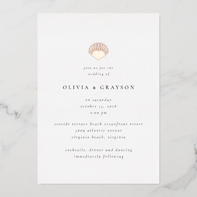 Modern Minimalist Seashell Wedding Foil Wedding  Invitation (Front)
