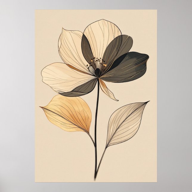 Modern Minimalist Sheer Beige & Gold Floral Botani Poster (Front)