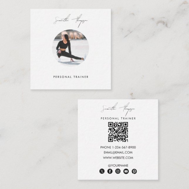 Modern Minimalist Signature Script Photo QR Code Square Business Card (Front/Back)