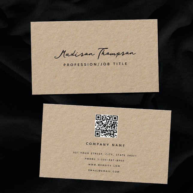 Modern Minimalist Signature Script QR Code Kraft Business Card (Creator Uploaded)
