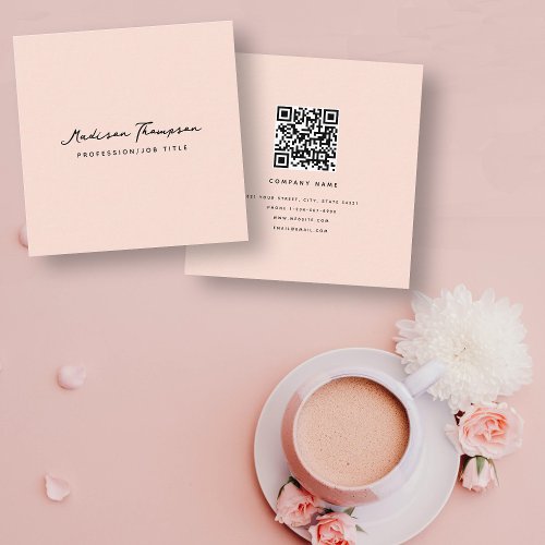 Modern Minimalist Signature Script QR Code Pink Square Business Card