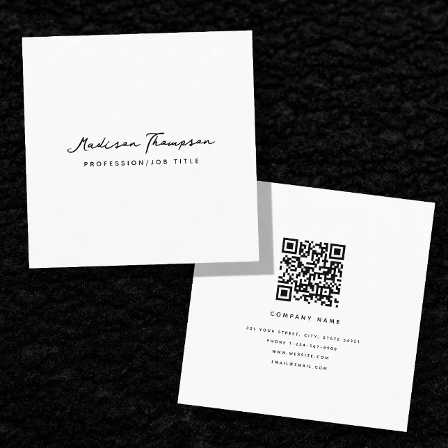 Modern Minimalist Signature Script QR Code White Square Business Card ...