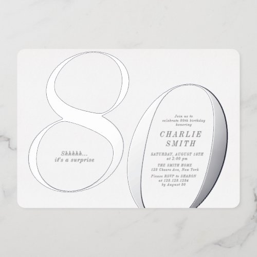 Modern minimalist silver 80th birthday foil invitation