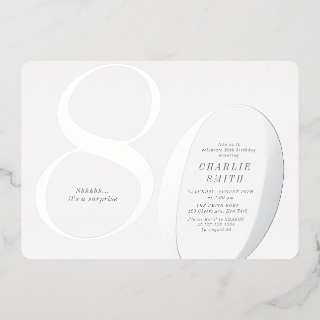 Modern minimalist silver 80th birthday foil invitation (Front)