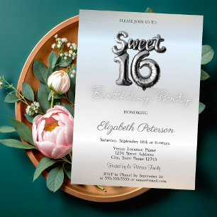 Modern Minimalist Silver Balloon Sweet 16 Invitation