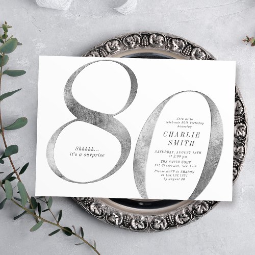 Modern minimalist silver glitter 80th birthday invitation