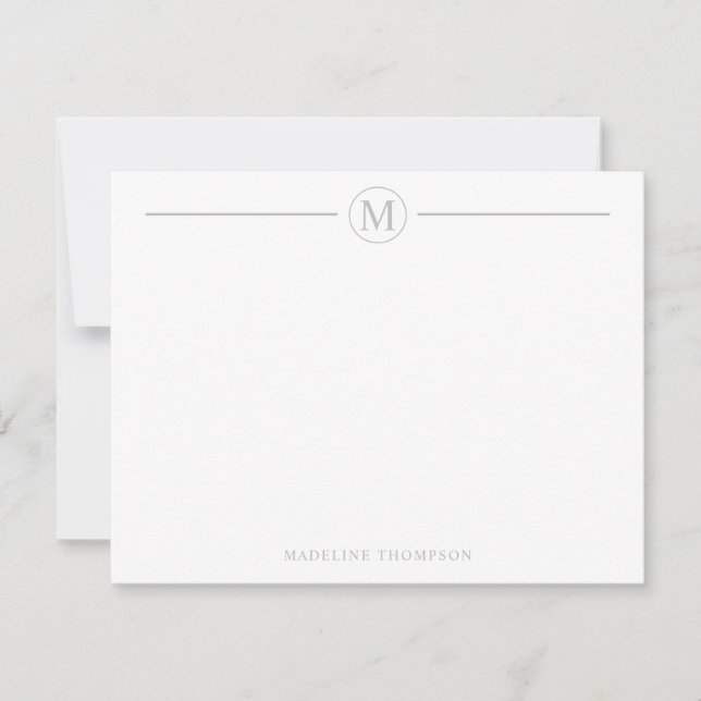Modern Minimalist Silver Gray Monogram Line Circle Note Card (Front)