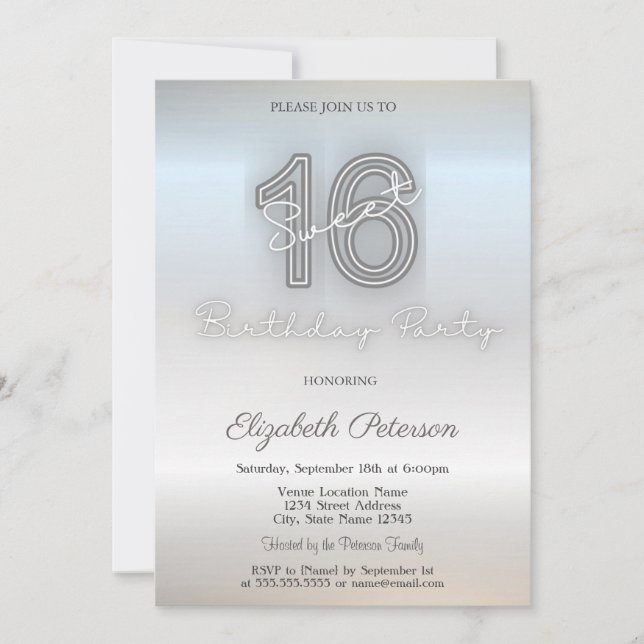 Modern Minimalist  Silver Sweet 16 Invitation (Front)