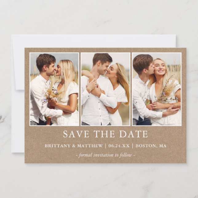 Modern Minimalist Simple 3 Photo Kraft Save The Date (Front)