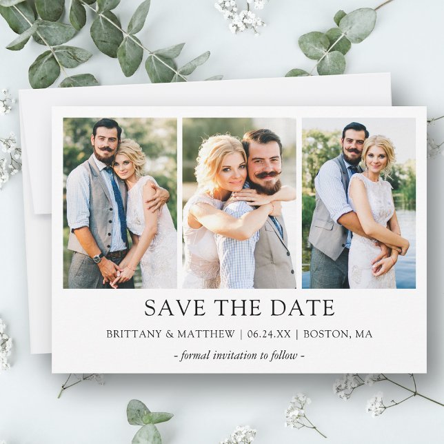 Modern Minimalist Simple 3 Photo Save The Date (Customize to change text size, style or to add more text & photos to back of card.)