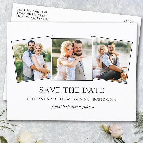 Modern Minimalist Simple 3 Photos Save the Date Postcard