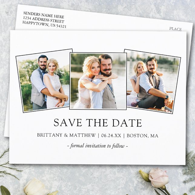 Modern Minimalist Simple 3 Photos Save the Date Postcard (Customize to change text size or text style.)