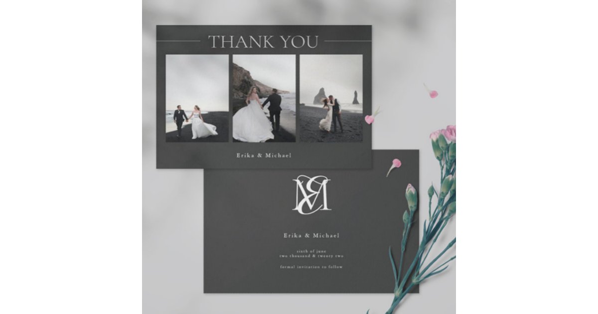 Modern Minimalist Simple 3 Photos Wedding Thank You Card | Zazzle