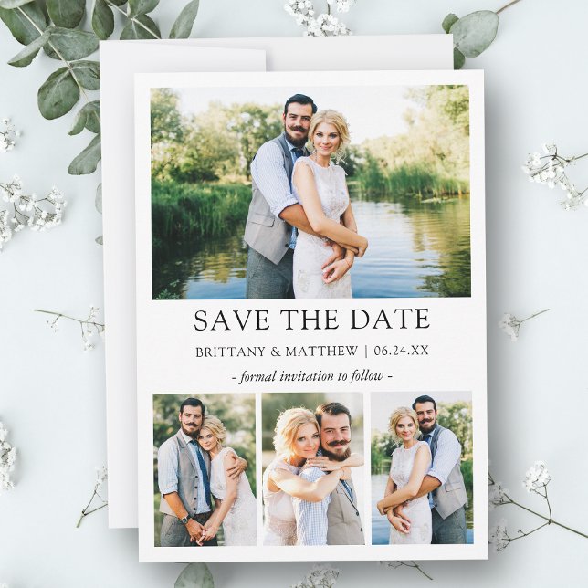 Modern Minimalist Simple 4 Photos Save The Date (Customize to change text size, style or to add more text & photos to back of card.)