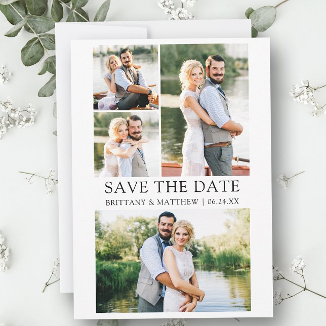 Modern Minimalist Simple 4 Photos Save The Date (Customize to change text size, style or to add more text & photos to back of card.)