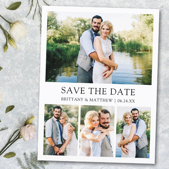 Modern Minimalist Simple 4 Photos Save the Date Postcard (Customize to change text size or text style.)