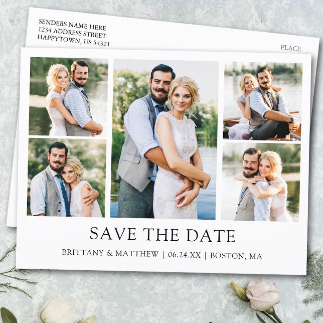 Modern Minimalist Simple 5 Photos Save the Date Postcard (Customize to change text size or text style.)