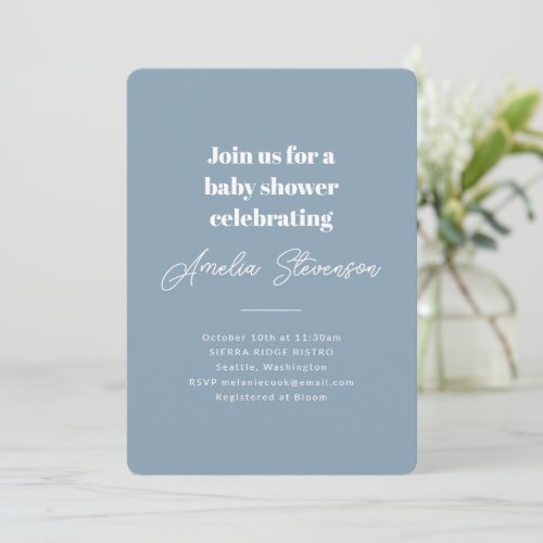 Modern Minimalist Simple Baby Shower Dusty Blue Invitation