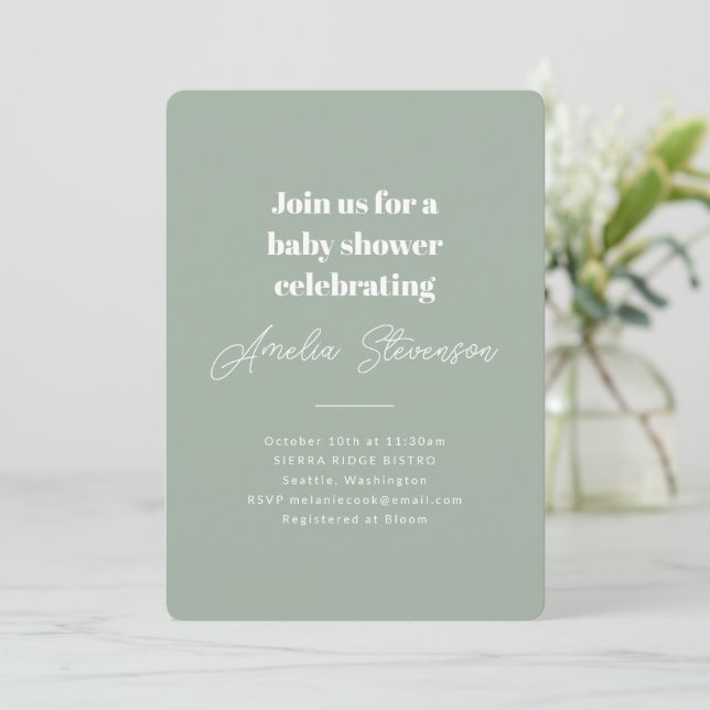 Modern Minimalist Simple Baby Shower Sage Green Invitation (Standing Front)