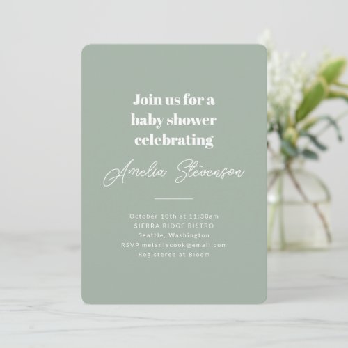Modern Minimalist Simple Baby Shower Sage Green Invitation
