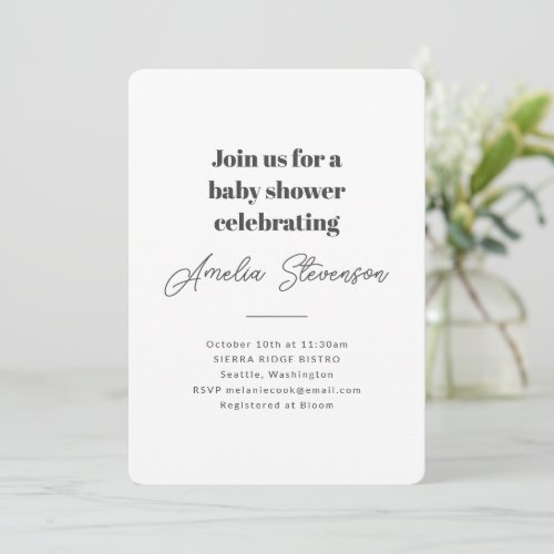 Modern Minimalist Simple Baby Shower White Invitation