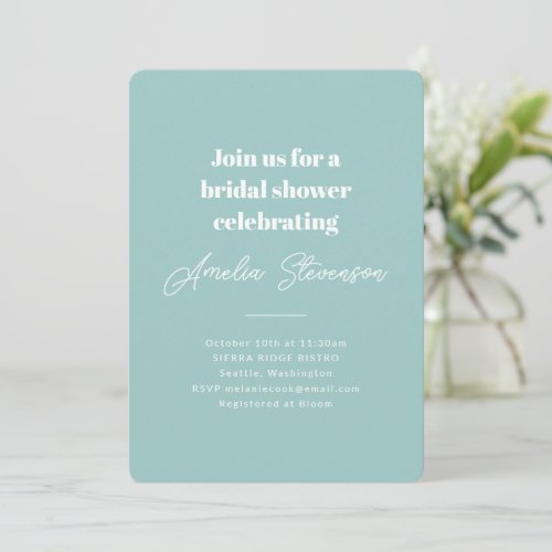 Modern Minimalist Simple Bridal Shower Aqua Blue Invitation
