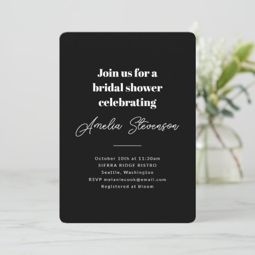 Modern Minimalist Simple Bridal Shower Black Invitation