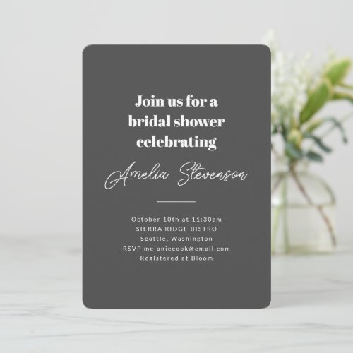 Modern Minimalist Simple Bridal Shower Soft Black Invitation