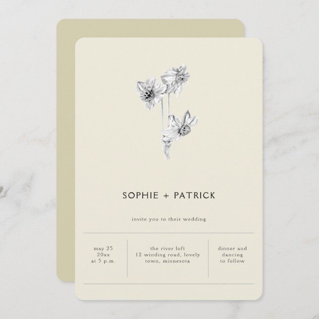 Modern Minimalist Simple Daffodils Spring Wedding Invitation (Front/Back)