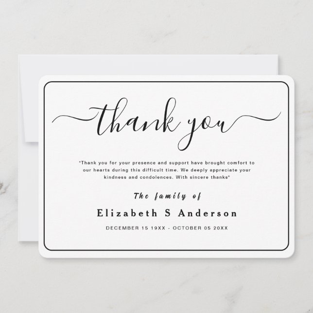 Modern Minimalist Simple Funeral Thank You Note Card (Front)